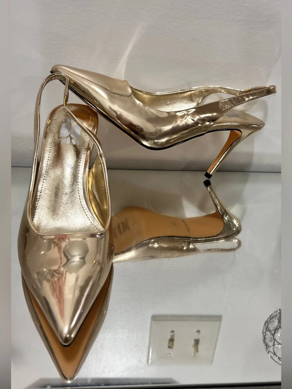 Gold Mirror Metallic Slingback Heels Pointed Toe Stiletto Pumps NEW